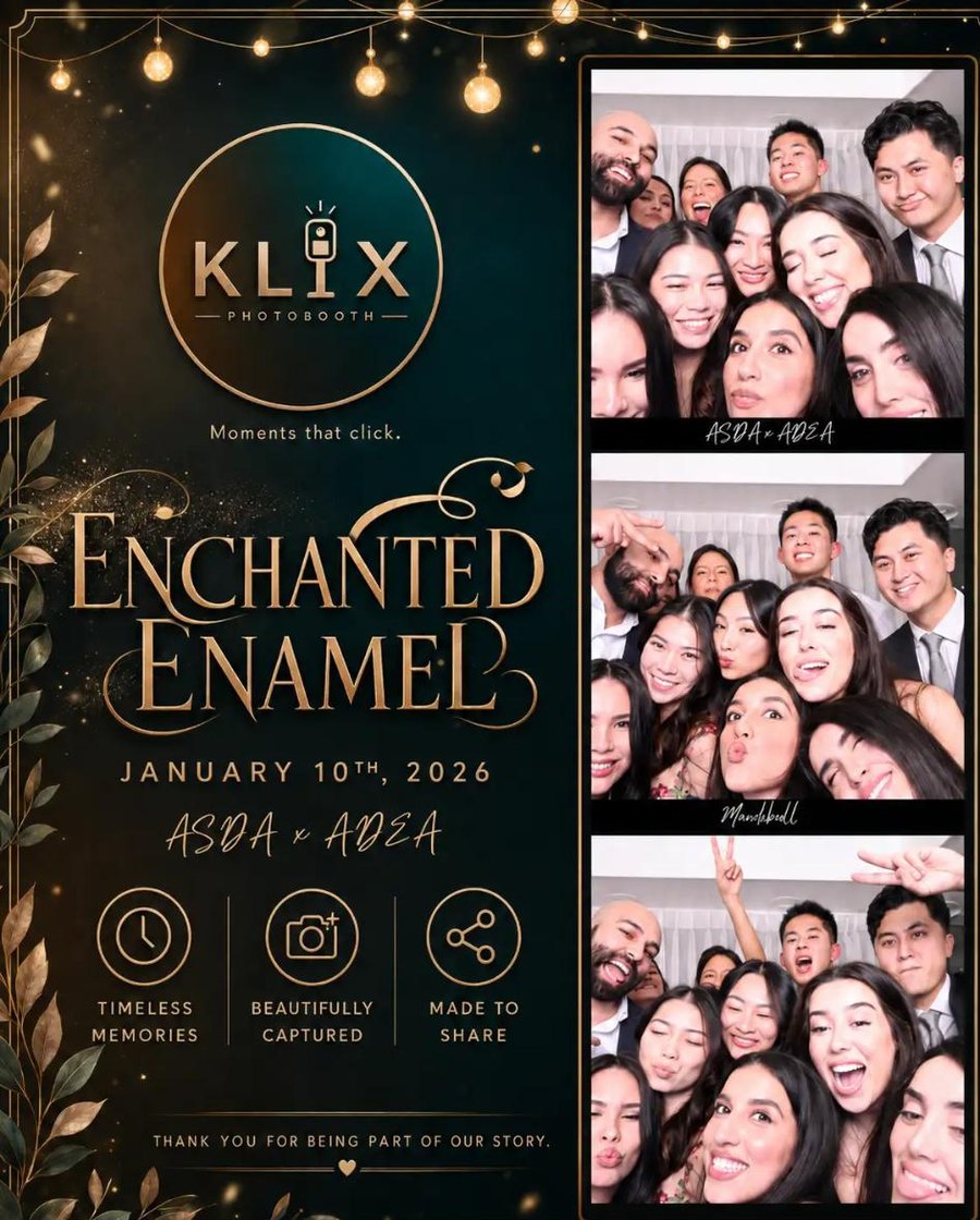 Klix photo booth layout from Enchanted Enamel, ASDA x ADEA, January 2026 — a group of guests in a three-frame photo strip